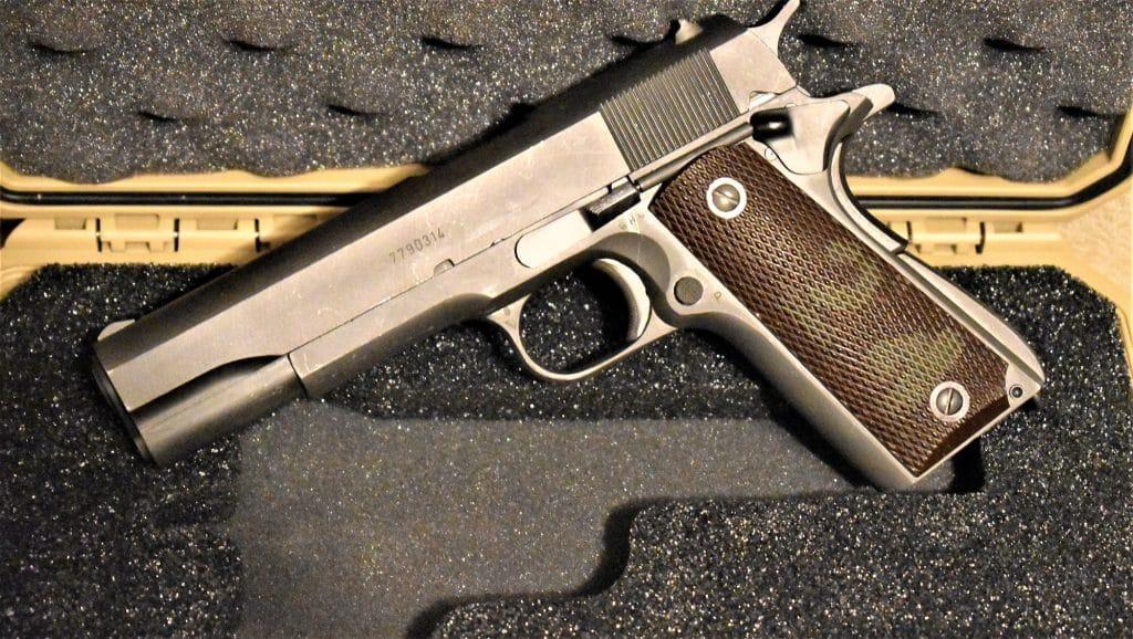 This military-issue Guy H. Drewry-inspected Colt M1911A1 Government model built during World War II was shipped to the Army in March 1943 and arsenal rebuilt at least once, in the 1990s, with an IWI-made "hard" slide and chrome-lined barrel. According to FOIA requests, it remained in frontline use with the Army (note the rack numbers on the grip) until 2010 when it was put into storage at Anniston Army Depot then, in 2020, was sent to the CMP as surplus for civilian sale. It functions at 100 percent despite its age.