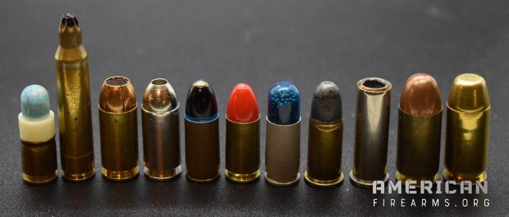 Bullets– whose weights are measured in grains or grams– can range from simunition and blank crimps to the left, metal-jacketed hollow points, semi-jacketed and coated bullets, specialty loads such as shotshells, lead round-nosed bullets, recessed loads, and full metal jackets to the right.