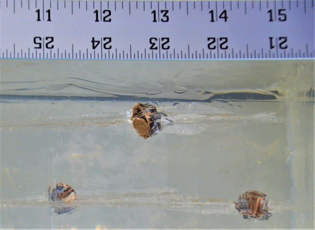 Ballistics gel penetration measurements. Almost without exception, current home protection handgun ammo is marketed in some form of jacketed hollow-point, which is designed to consistently expand upon impact and penetrate at least 12 inches through FBI 10 % gel.