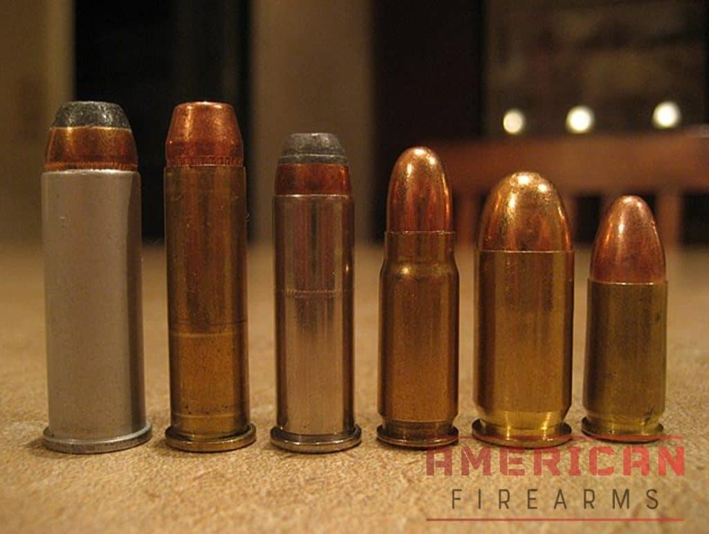 From left to right:  .44 Remington Magnum, .357 Magnum, .38 Special, 7.62x25 Tokarev, .45 Auto, 9x19 Parabellum.