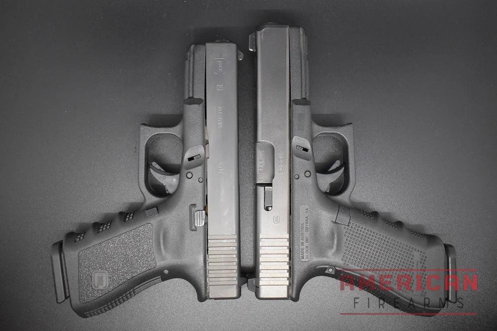 The Glock 19 (left) has a shorter barrel than the full-sized Glock 17 (right)