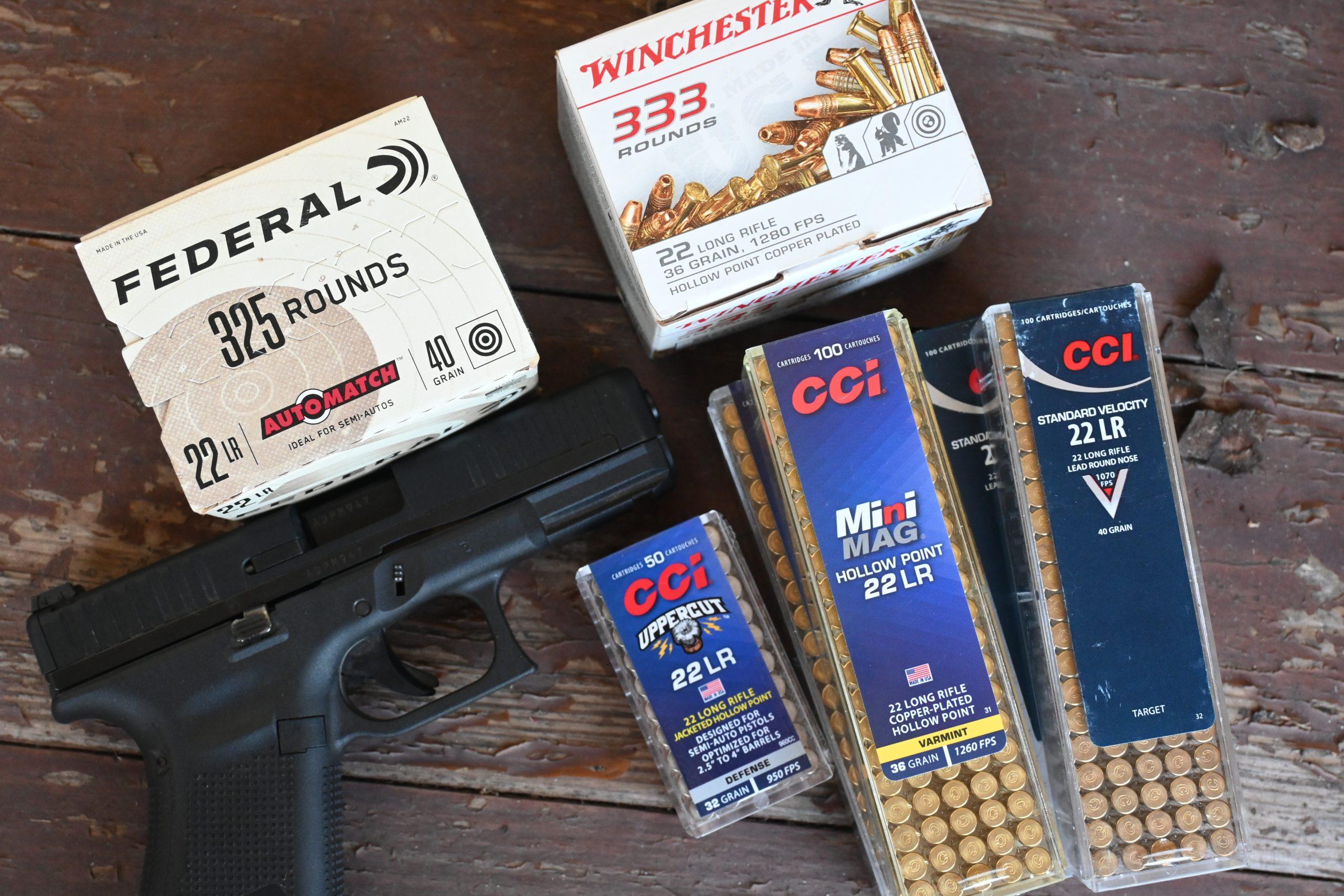 Six .22 LR ammunition types tested in the Glock 44: Winchester, Federal AutoMatch, and four CCI loads.