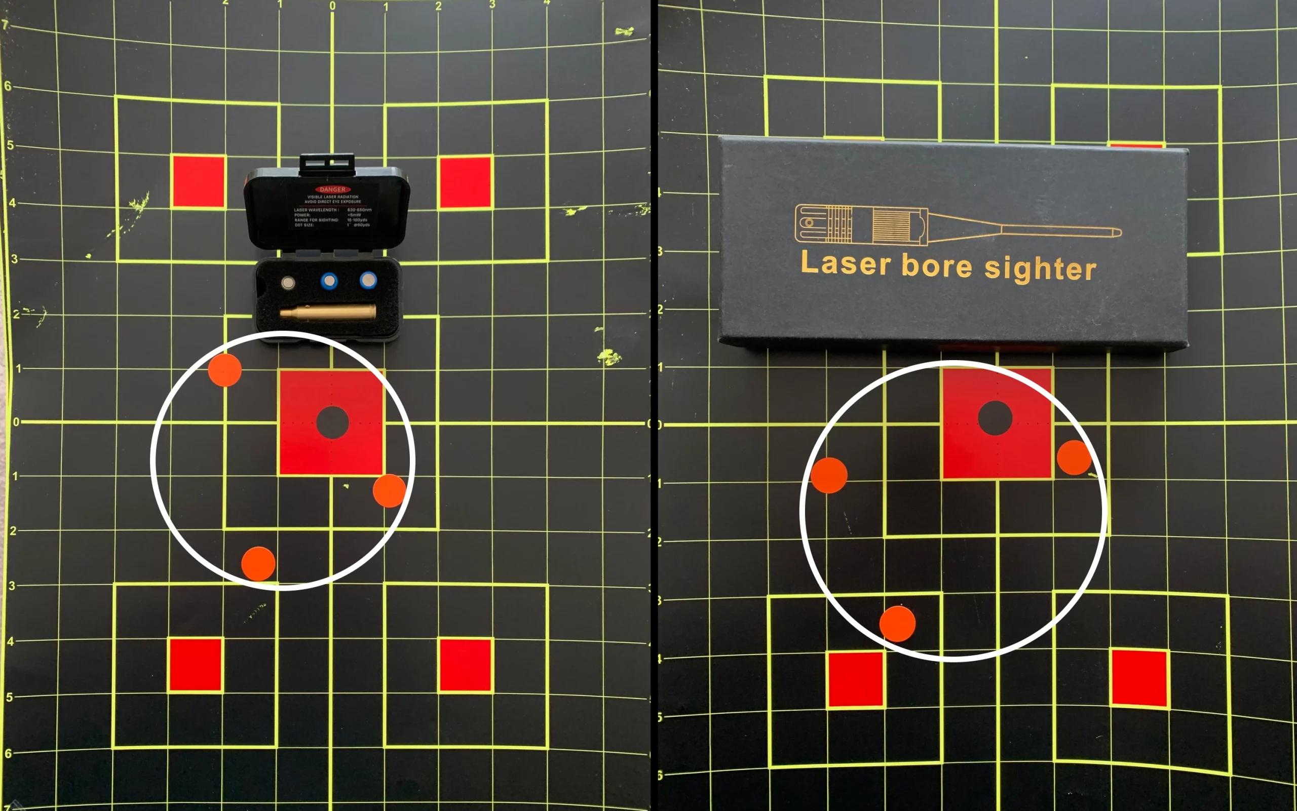 A comparison of 20 yard laser placements between cartridge-based (left) and insert-based (right) boresighters. The cartridge style products are, in my experience more accurate than insert-based, but they're also more expensive.