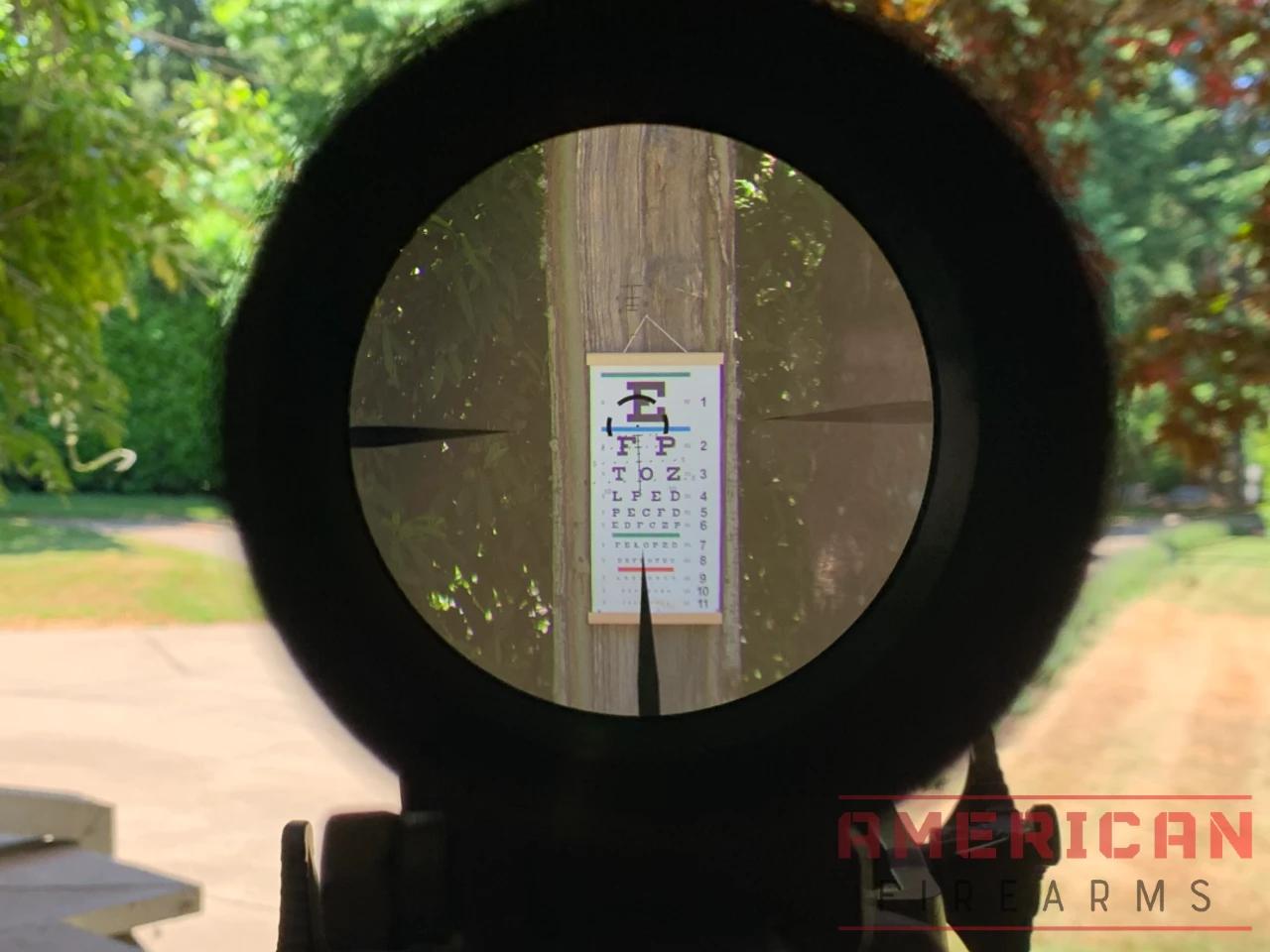 Looking at a standard eye chart from 35 yards at 8x magnification. You can basically read the entire thing.