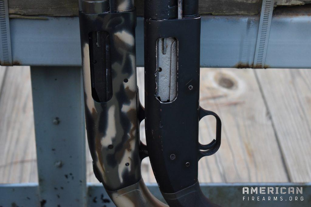 On the left is a Mossberg 835 Ultra Mag turkey gun, the right a Mossberg 590A1. While they use the same style action, one is meant for gobblers, the other for goons.