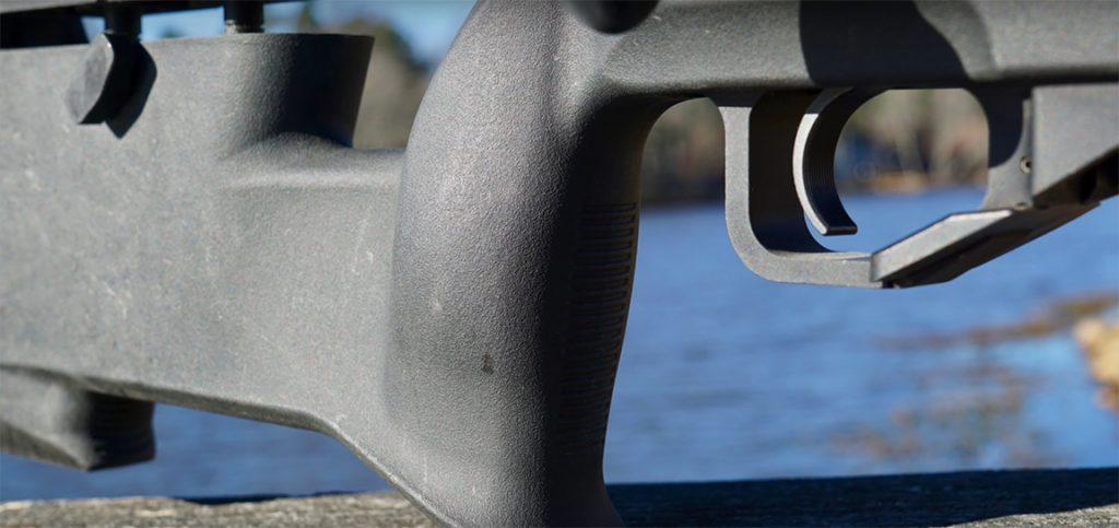 The near-vertical pistol grip angle and polymer stock are distinctive features of the Delta 5