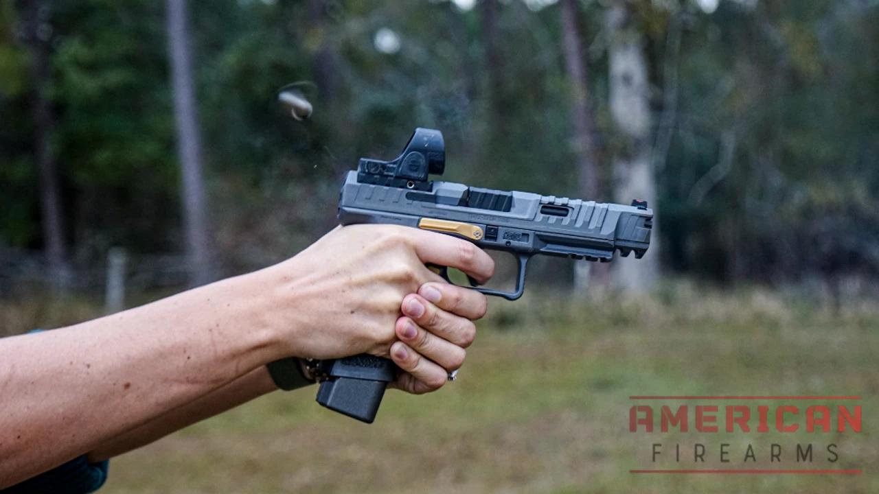 The longer slide length and 5-inch barrel means this gun shoots the lights out.