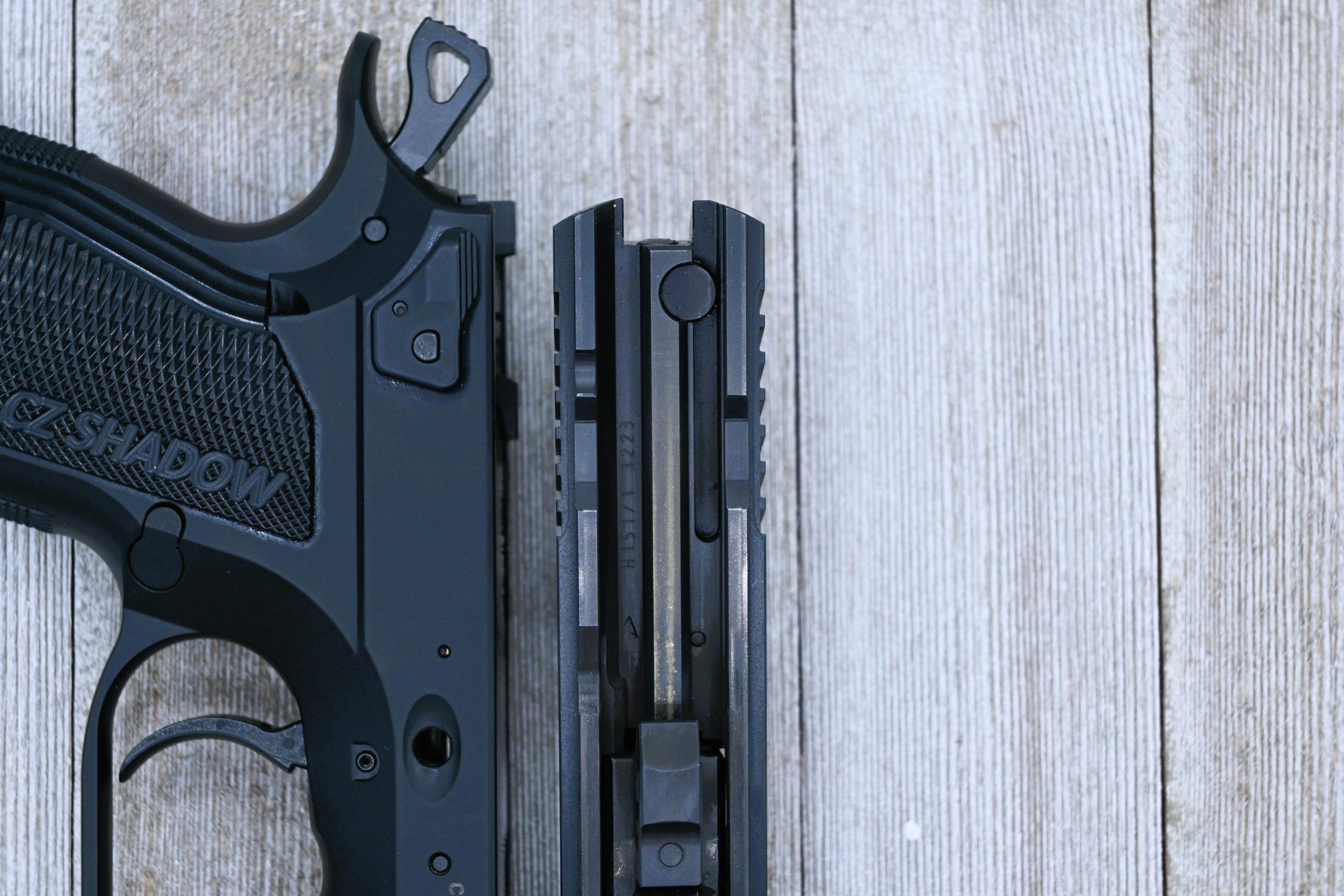 The CZ Shadow 2 Carry features a circular trigger drop safety plunger in the slide.