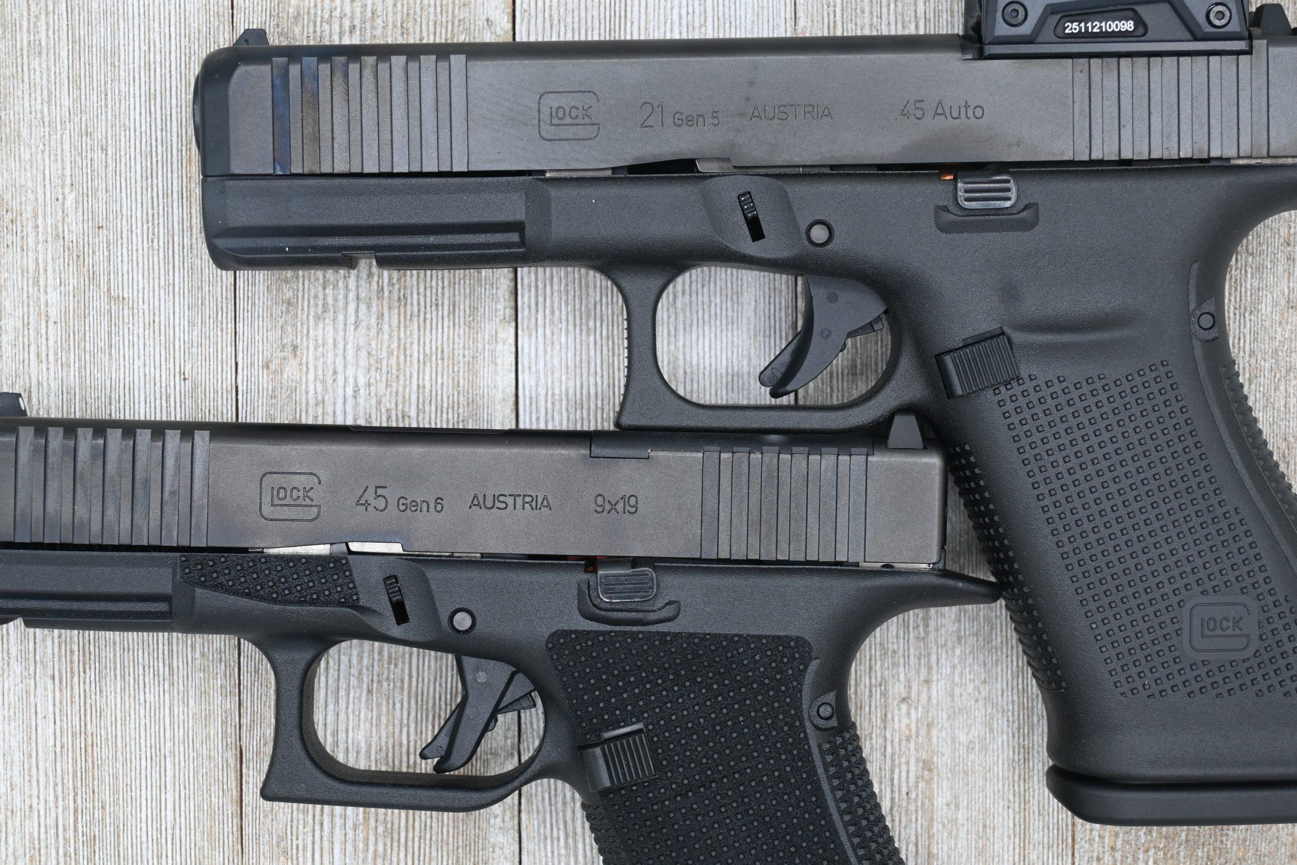 Gen 5 G21 (top) vs. Gen 6 G45 (bottom) — the integrated beavertail and extended RTF-6 grip texture coverage are visible even from the outside.
