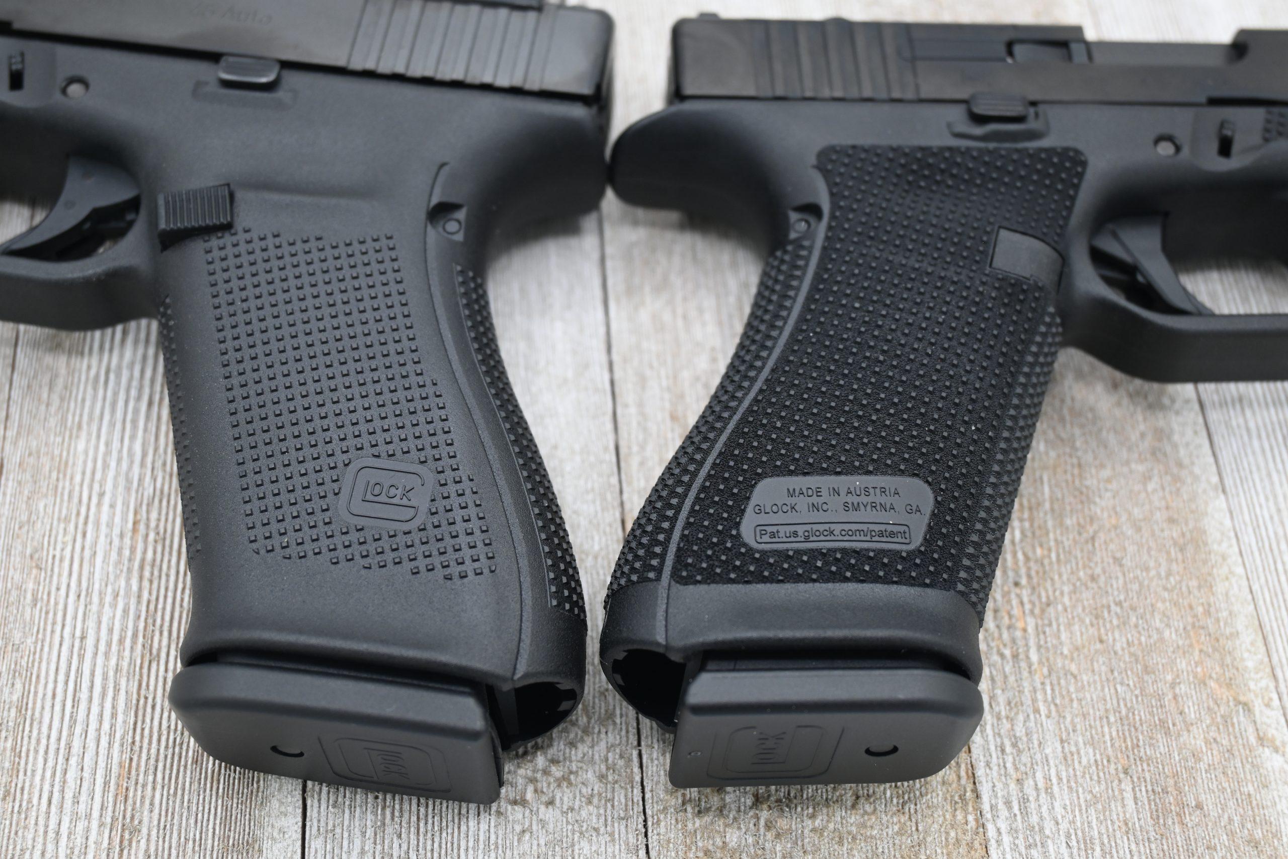 The RTF-6 (right) extends further up the frame and has a more tactile hybrid pattern than the Gen 5's RTF-4 (left) — less aggressive than the old RTF-2 sandpaper feel, but more coverage and grip than what's on current Gen 5 pistols.