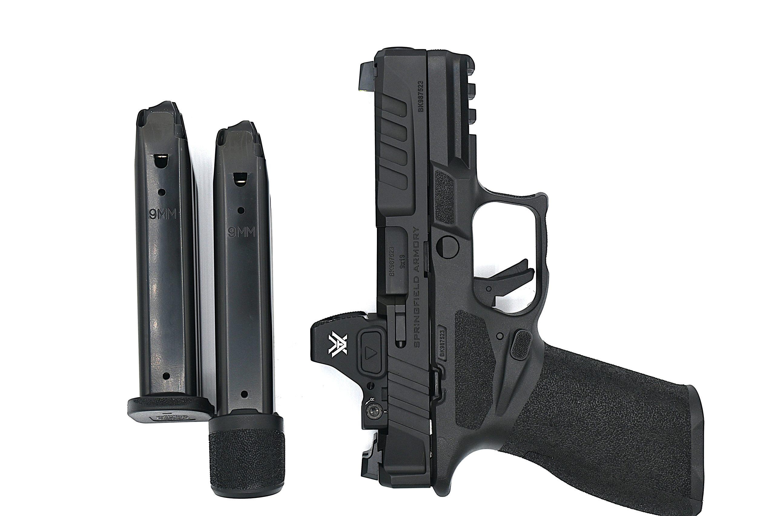 The Echelon's two included 17-round magazines are steel-bodied with polymer baseplates and numbered witness holes. The 20-round extended (right) adds a modest grip length increase.