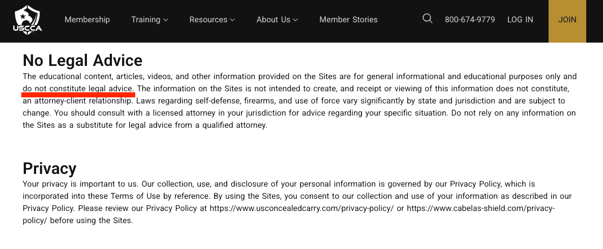 USCCA Membership Agreement, February 2026. The bolded disclaimer appears in the Insurance Disclaimer section of the membership agreement governing all USCCA members.