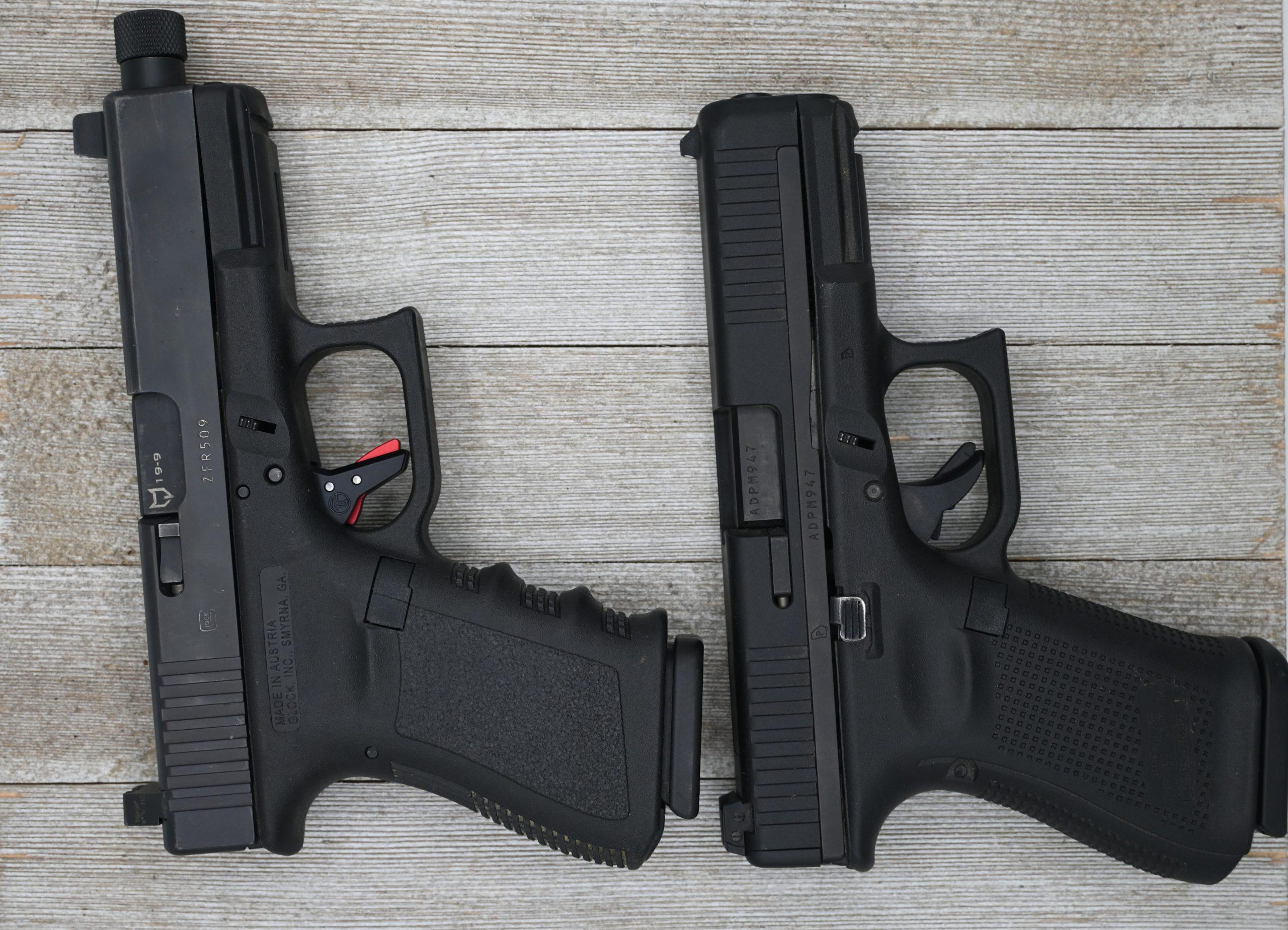 Glock 44 and Glock 19 side by side, showing matching frame size and dimensions.