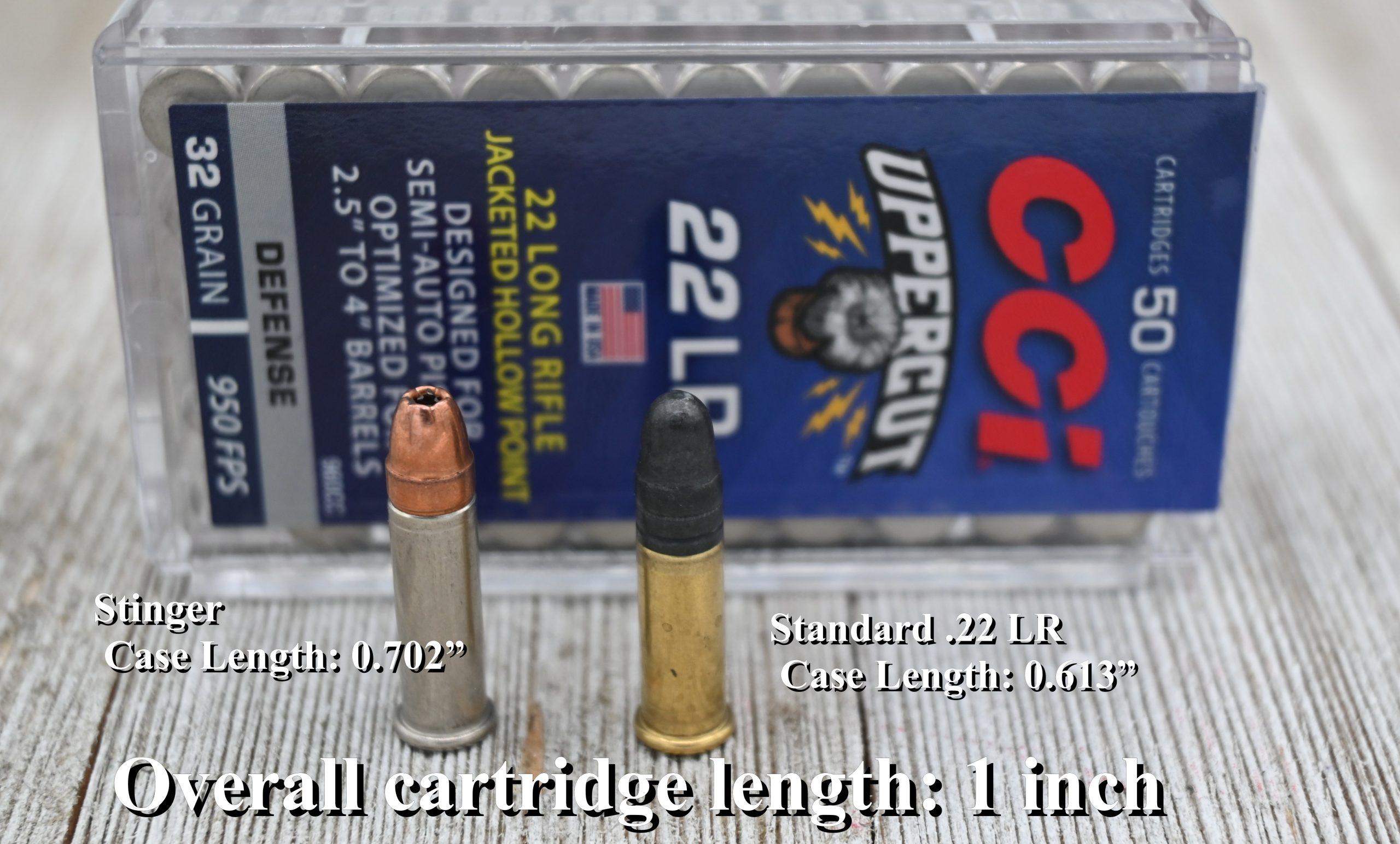 CCI's Stinger and Uppercut loads use a longer case (0.702 inch vs. the standard 0.613 inch seen on other rounds)